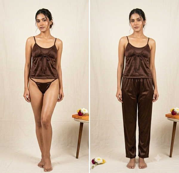 Premium 5-Piece Satin Nightwear Set – Luxury Robe, Gown, Trouser, Blouse & Tie-Up-Bra