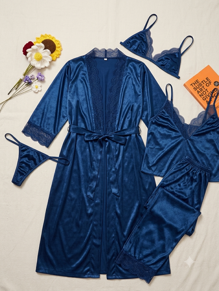 Premium 5-Piece Satin Nightwear Set – Luxury Robe, Gown, Trouser, Blouse & Tie-Up-Bra
