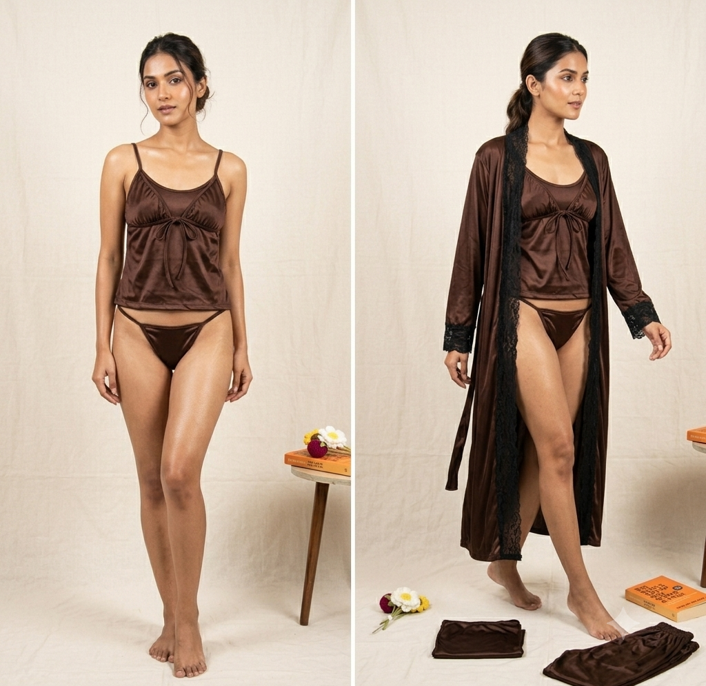 Premium 5-Piece Satin Nightwear Set – Luxury Robe, Gown, Trouser, Blouse & Tie-Up-Bra