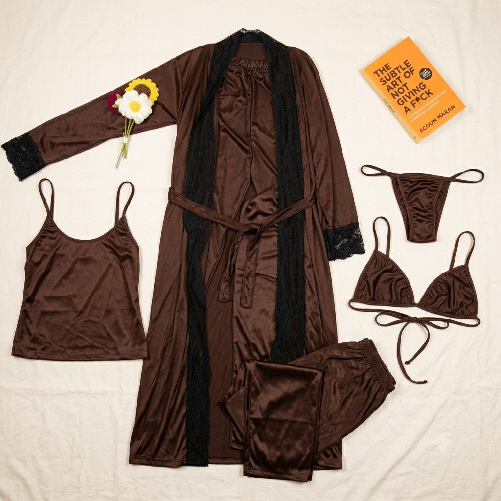 Premium 5-Piece Satin Nightwear Set – Luxury Robe, Gown, Trouser, Blouse & Tie-Up-Bra