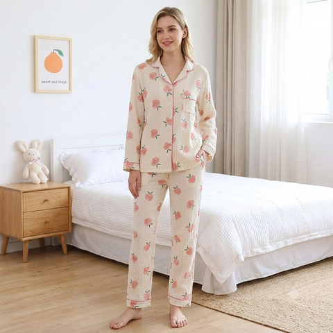 Sweet Peach Cloud Cotton Pajama Set – 2 Piece Full-Sleeve Nightwear