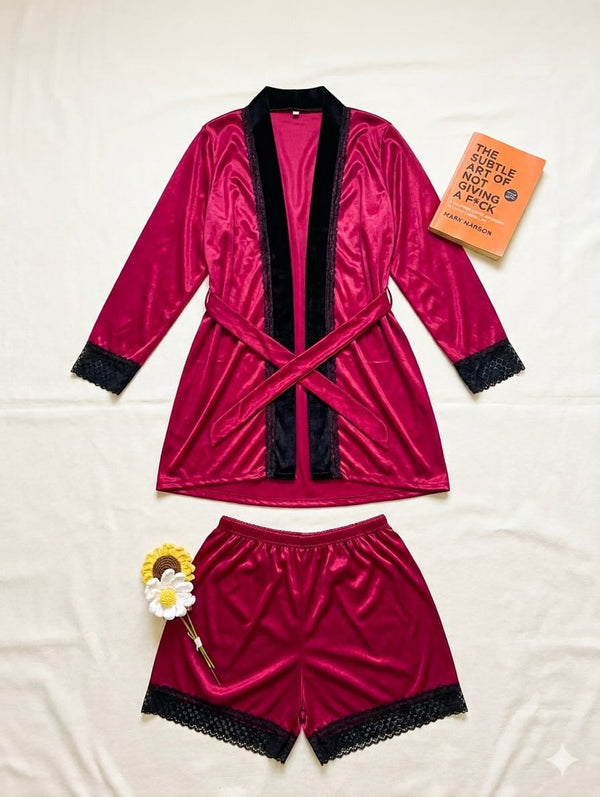 Luxury Satin Robe & Shorts Set – 2 Piece Nightwear with Premium Lace