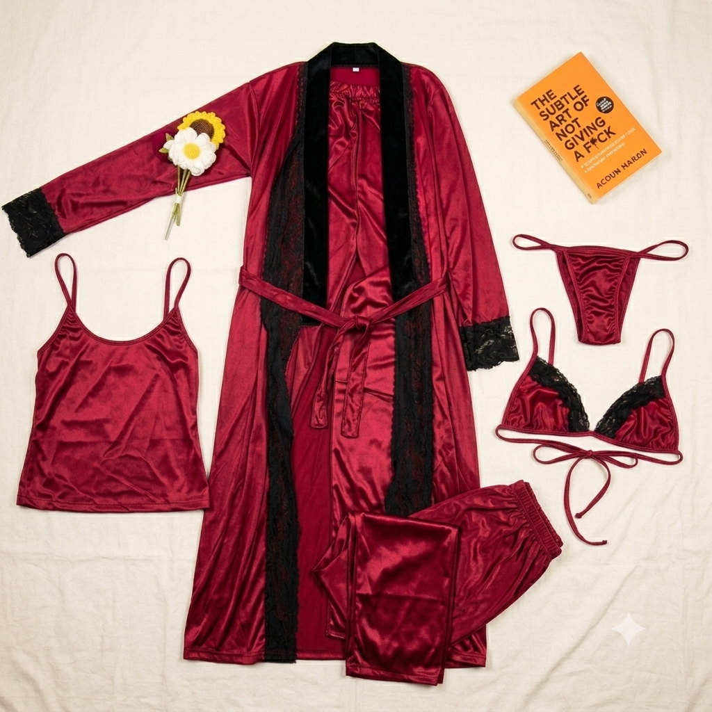Premium 5-Piece Satin Nightwear Set – Luxury Robe, Gown, Trouser, Blouse & Tie-Up-Bra